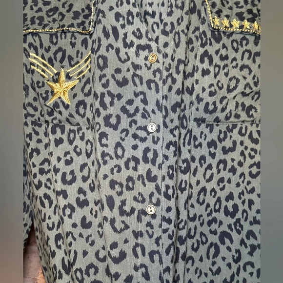 🌻 Z&L Anthropologie Olive Animal Print Gold Embroidered Women's sz Small Blouse - Picture 9 of 14